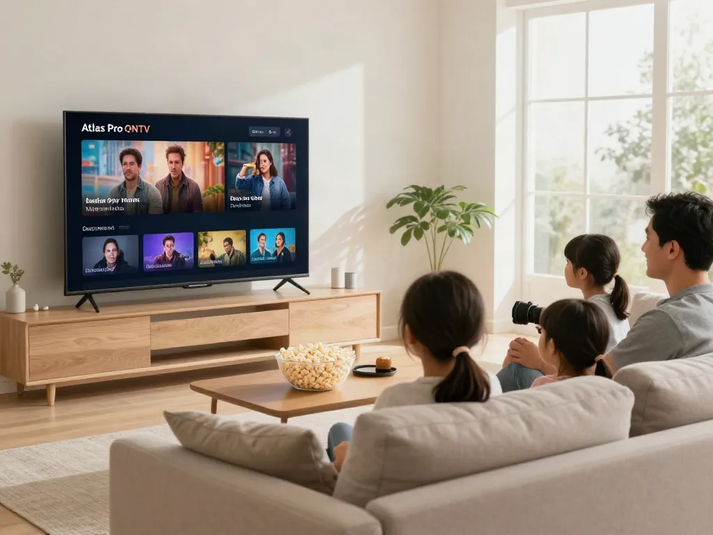 Vue d'une famille profitant de l'application atlas pro ontv dans un salon moderne.