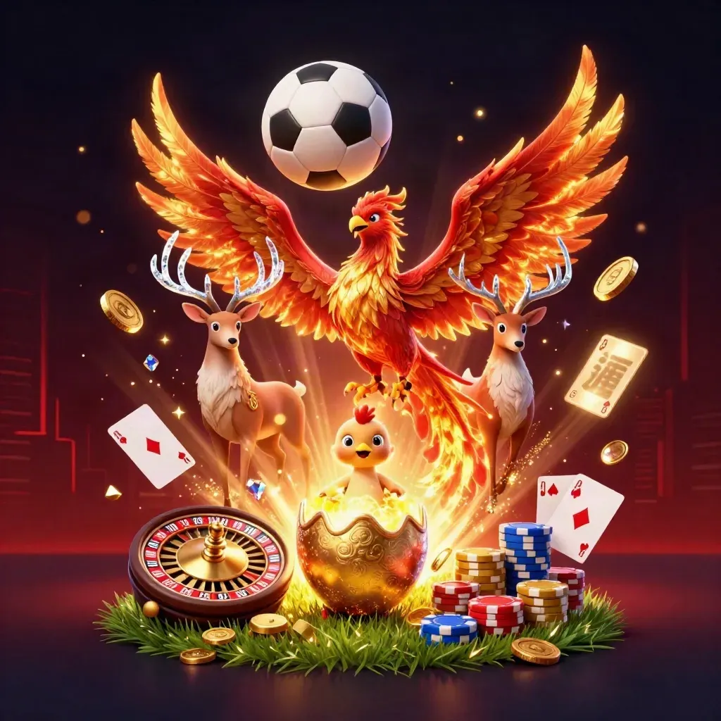 Phénix, cerf et ballon de foot en plein vol, effets or et lumière casino dramatique