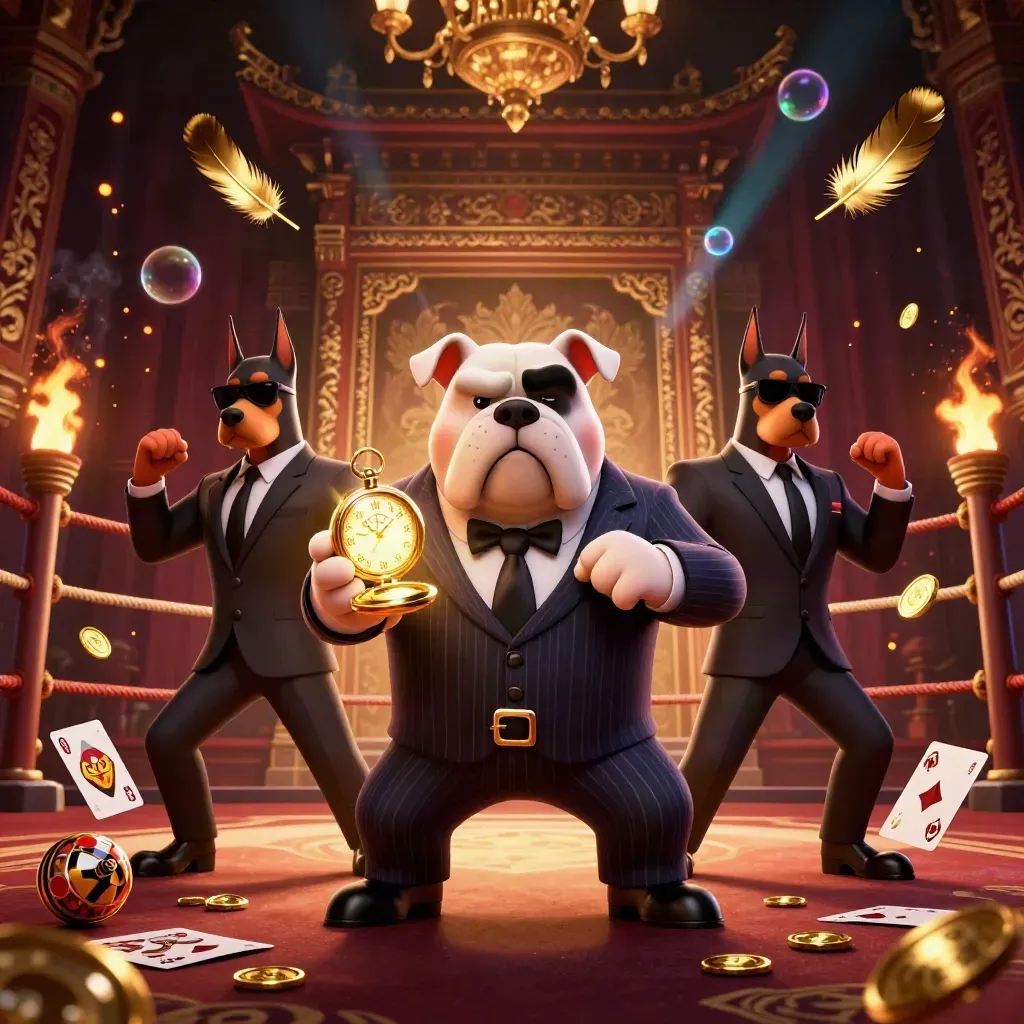 Bouledogue mafieux et deux dobermans devant un temple, or, damas, lueurs cinématiques.