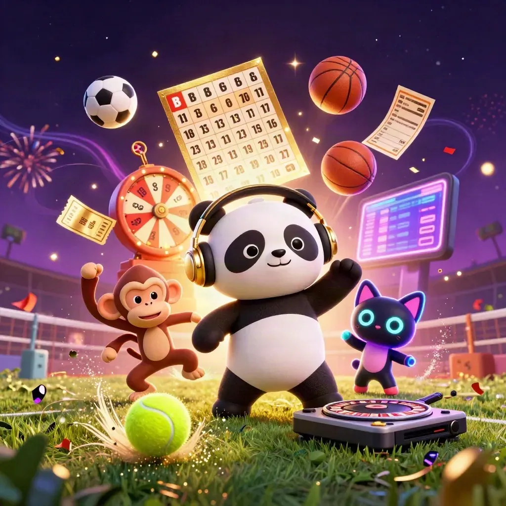 Panda DJ, singe et chat rave autour d’une balle de tennis, d’effets casino et de lumières.