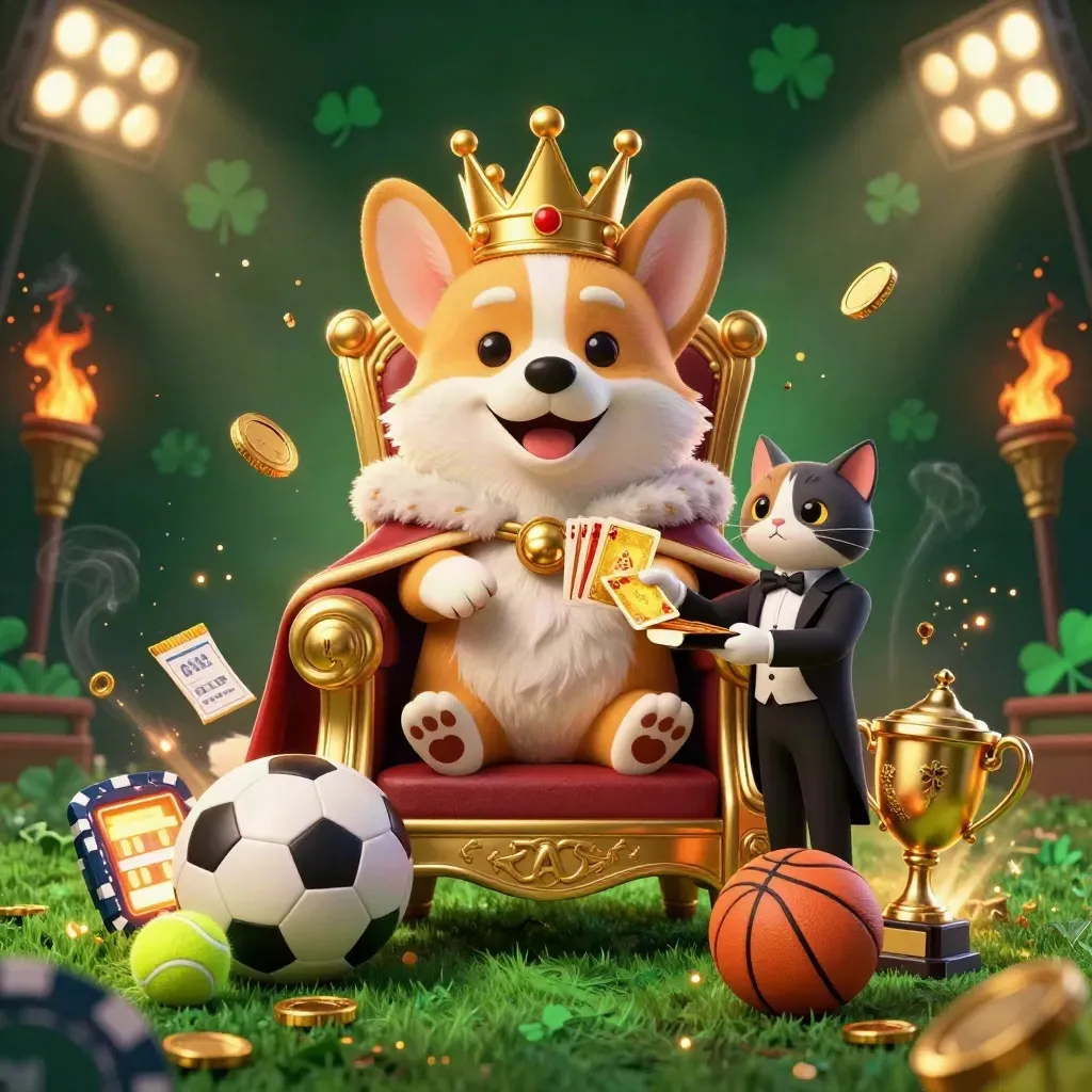 Corgi couronné et majordome-chat, ballons et pièces d’or dans un décor de casino vert sombre.