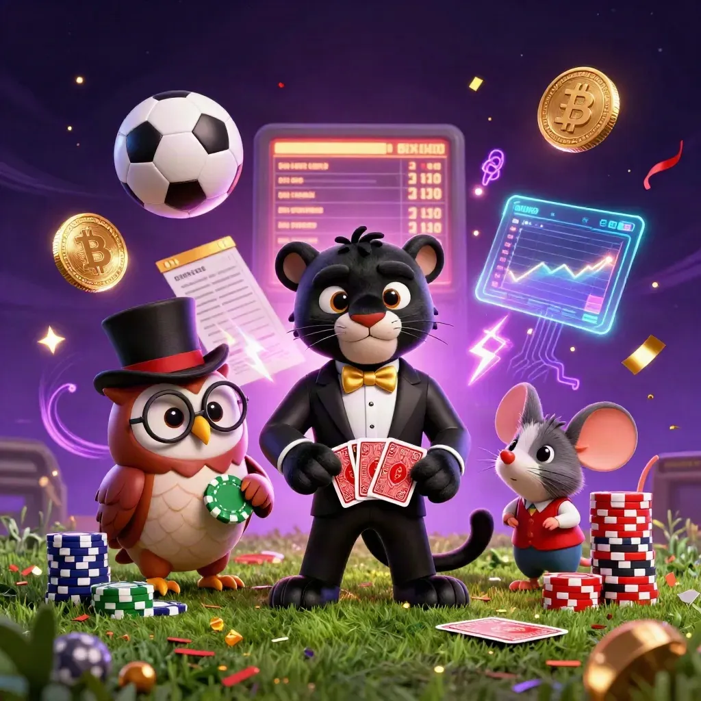 Panthère, hibou et souris avec cartes, pièces et ballons, lumière casino violette.