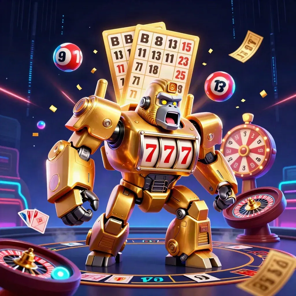 Gorille mécha doré, boulettes de loto, roue, table de casino et lumière néon futuriste.