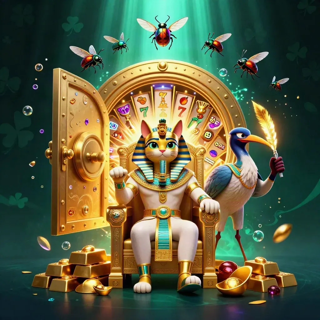 Chat pharaonique, ibis scribe et scarabées autour d’un coffre d’or explosif en lumière néon.