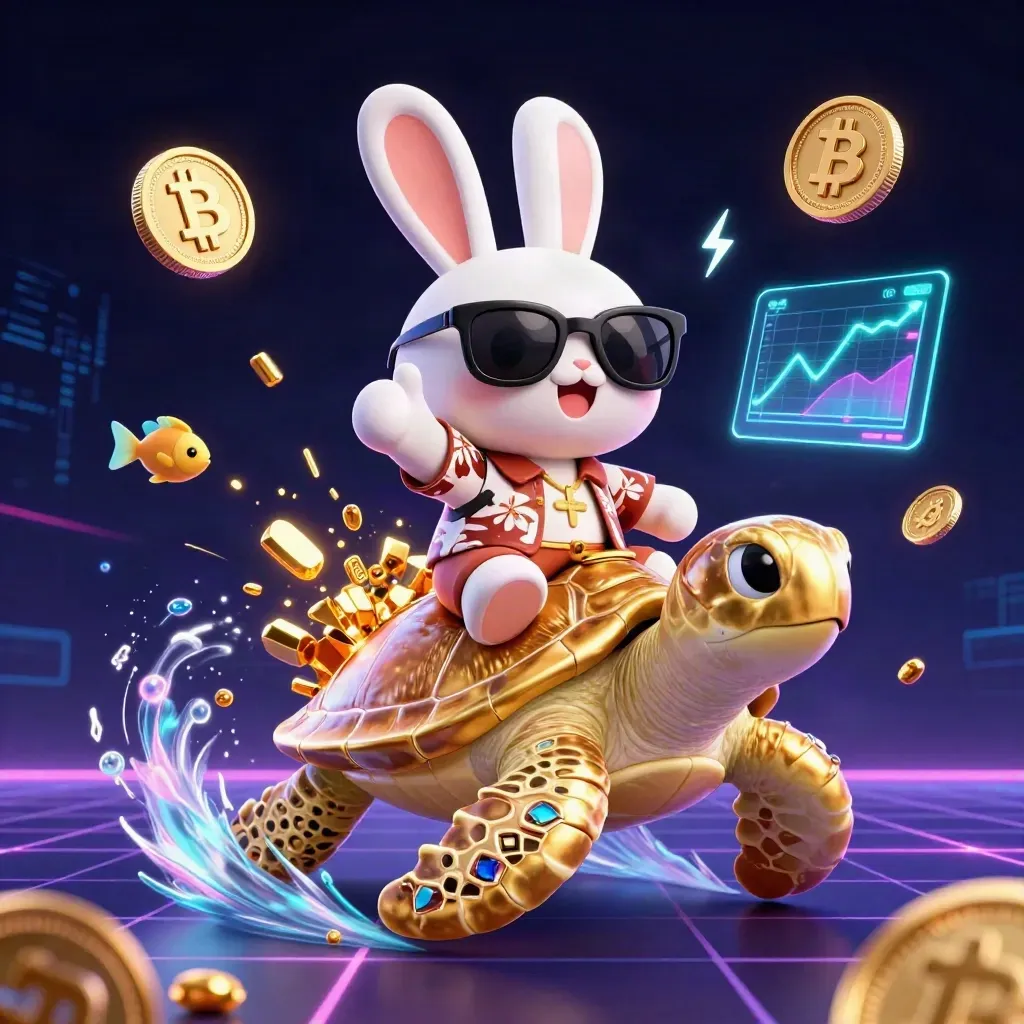Lapin porte-bonheur sur une tortue dorée, pièces crypto, éclairs néon et ambiance casino futuriste.