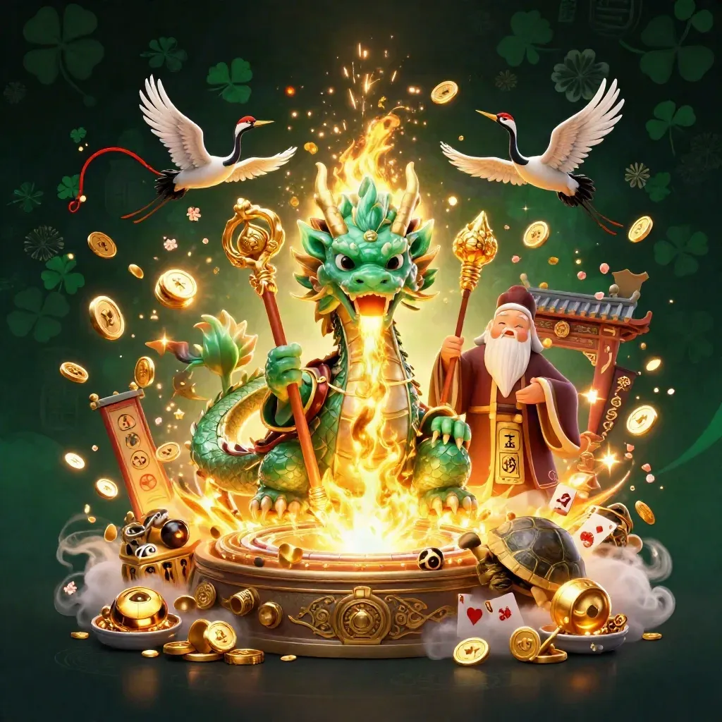 Dragon de jade, tortue sage et grues sur un coffre d’or, dans une pluie d’étincelles.
