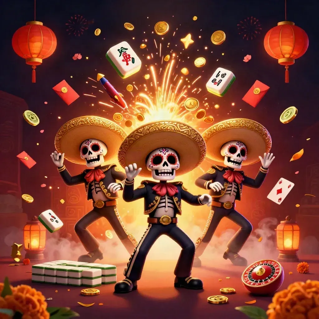 Trio de squelettes mariachis, pièces d’or, lanternes rouges et pluie de pétales en fête