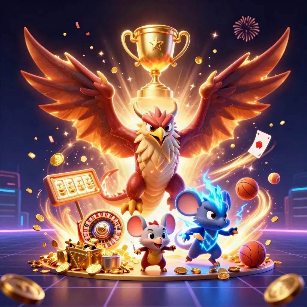 Dragon éclair, faucon et souris de jeu au milieu d’un trésor explosif et de feux d’artifice.