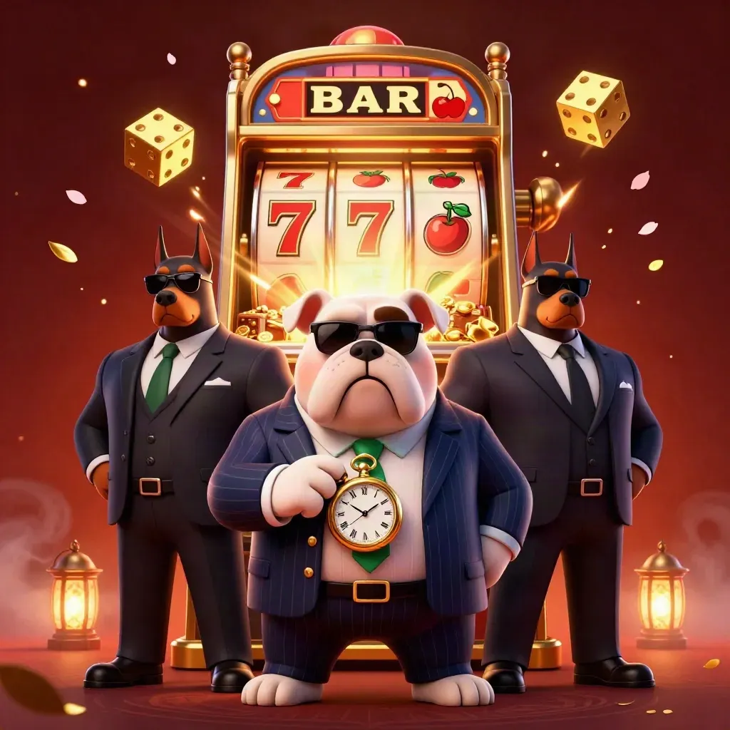 Bouledogue mafieux et deux dobermans devant une machine à sous éclatante, or et rouge profond.