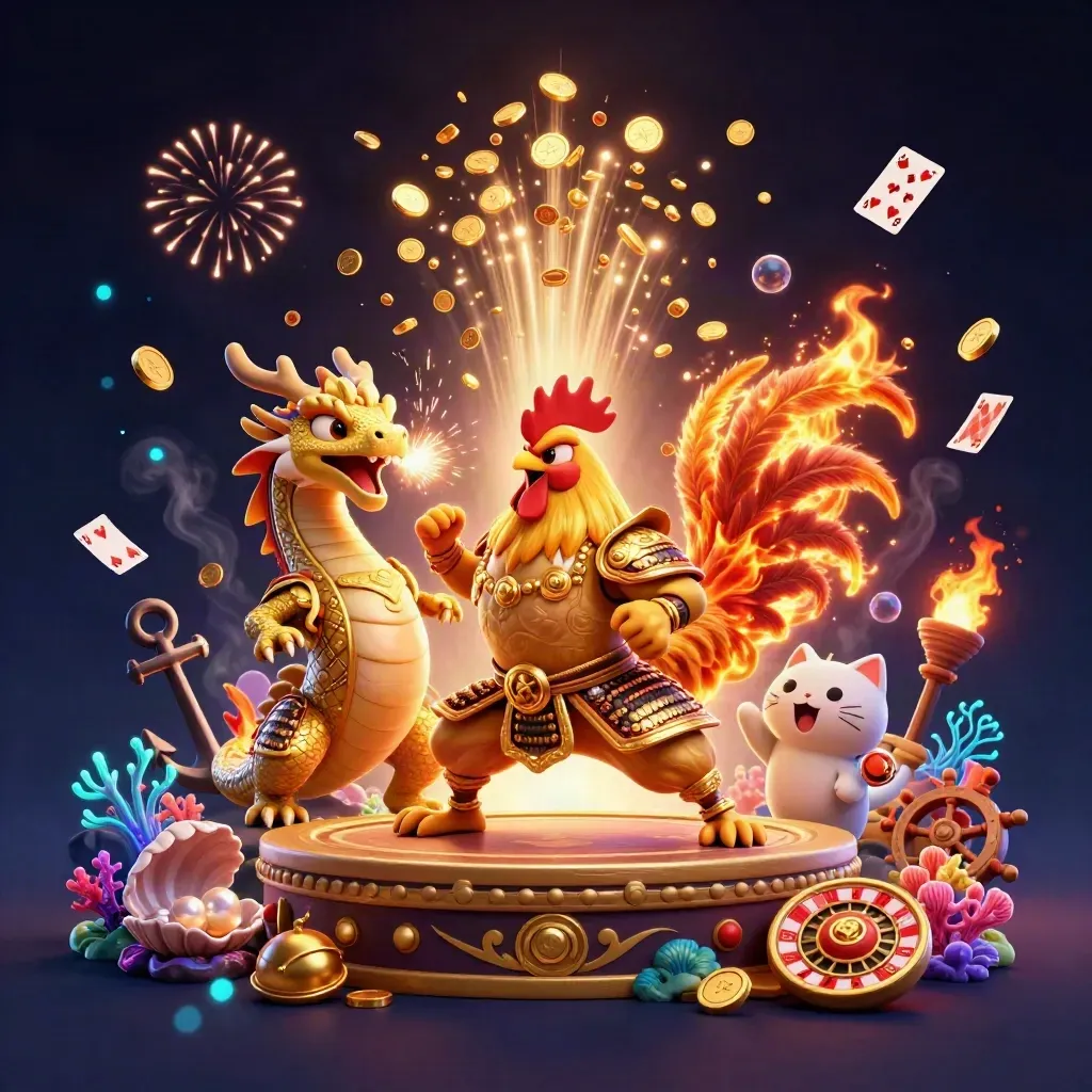 Coq samouraï, bébé dragon et chat porte-bonheur dans un trésor océanique en feu