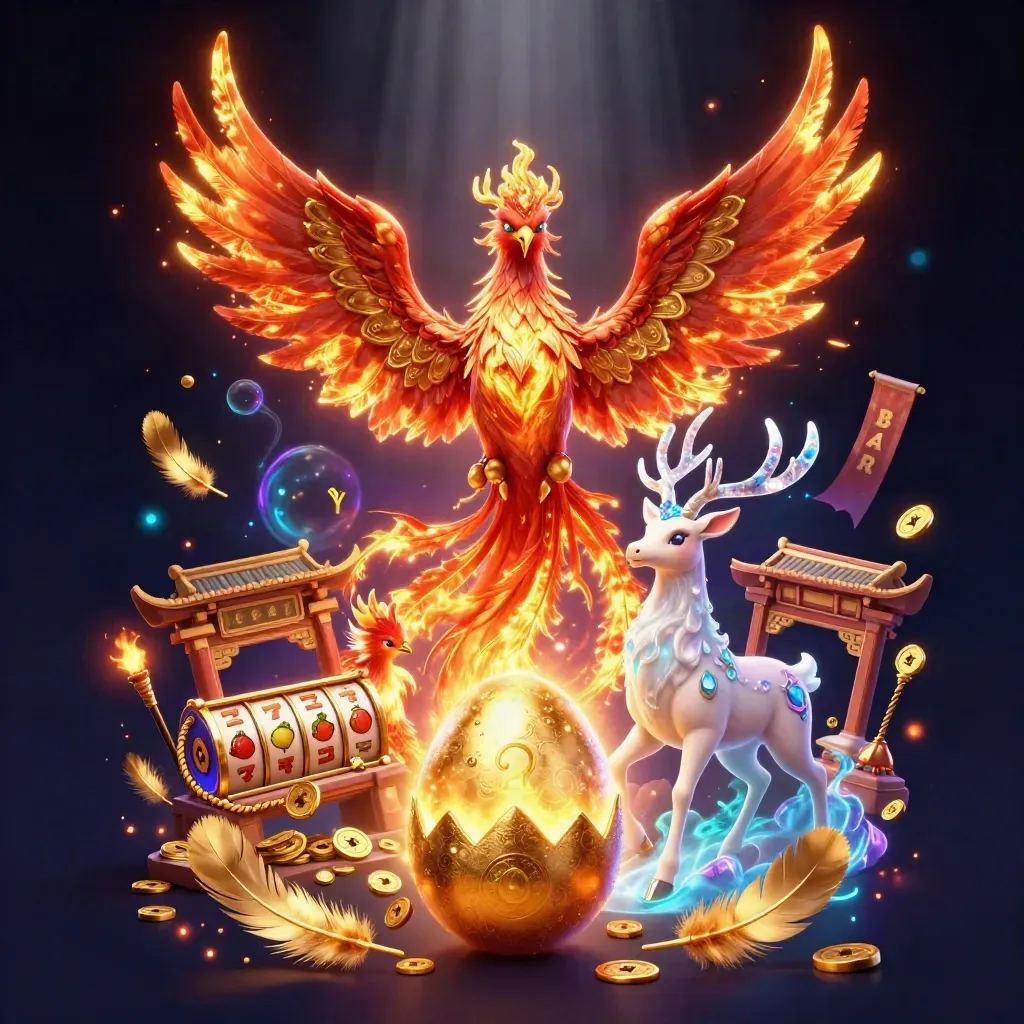 Phénix de feu, faon céleste et cerf cristallin, avec pièces d’or et effets néon sur fond nuit.