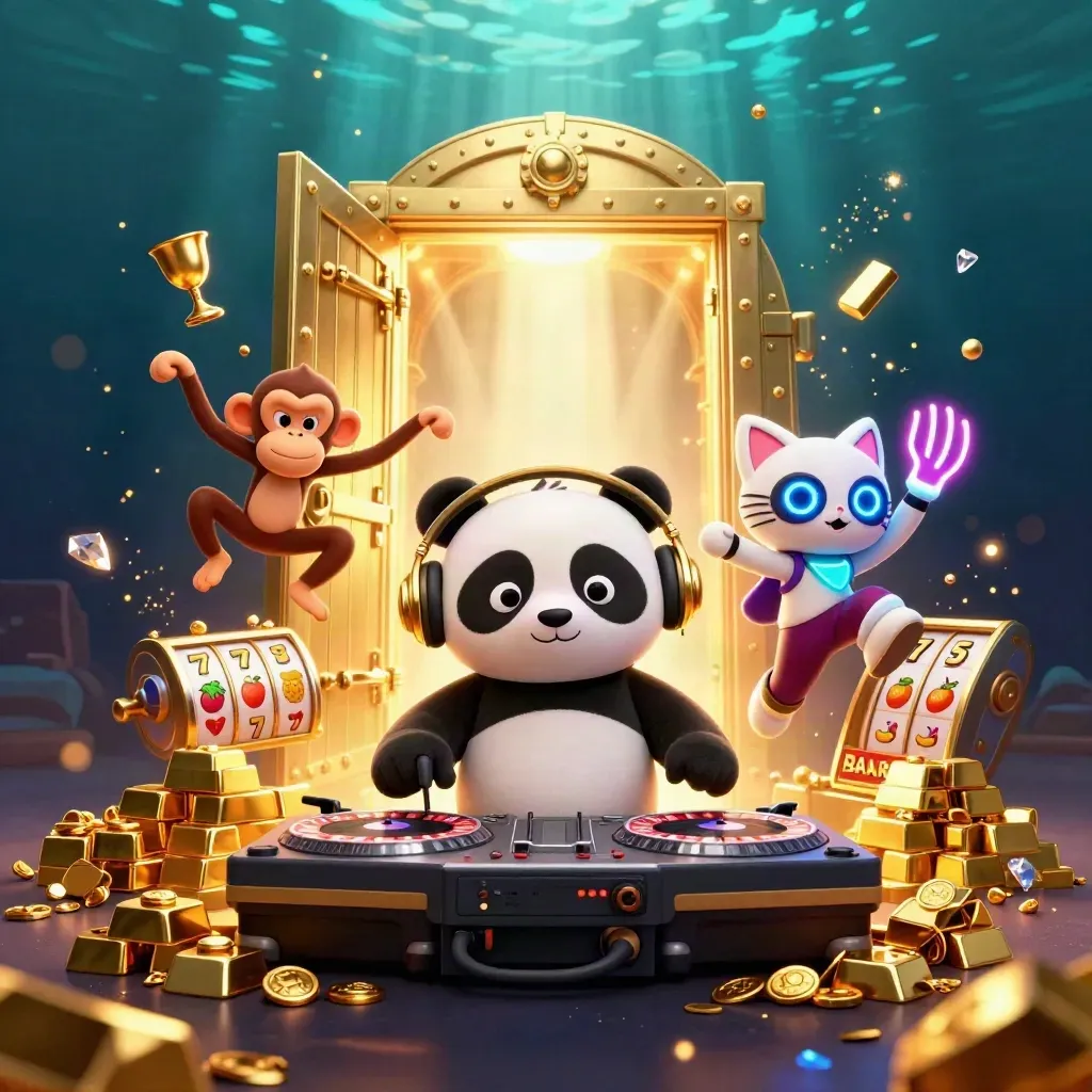 Panda DJ, singe danseur et chat néon devant un coffre au trésor et des symboles de casino.
