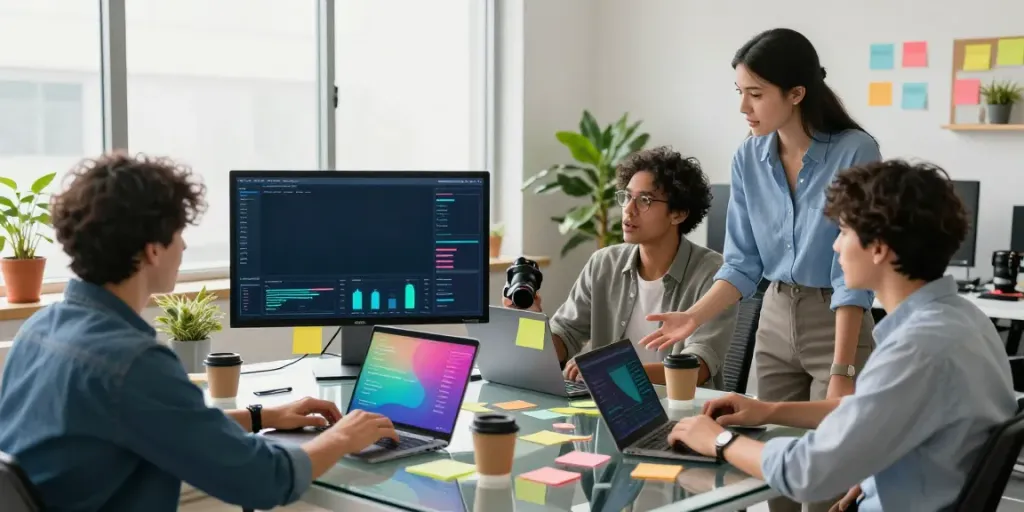 Buy views strategies brainstormed by diverse marketers in a vibrant office.